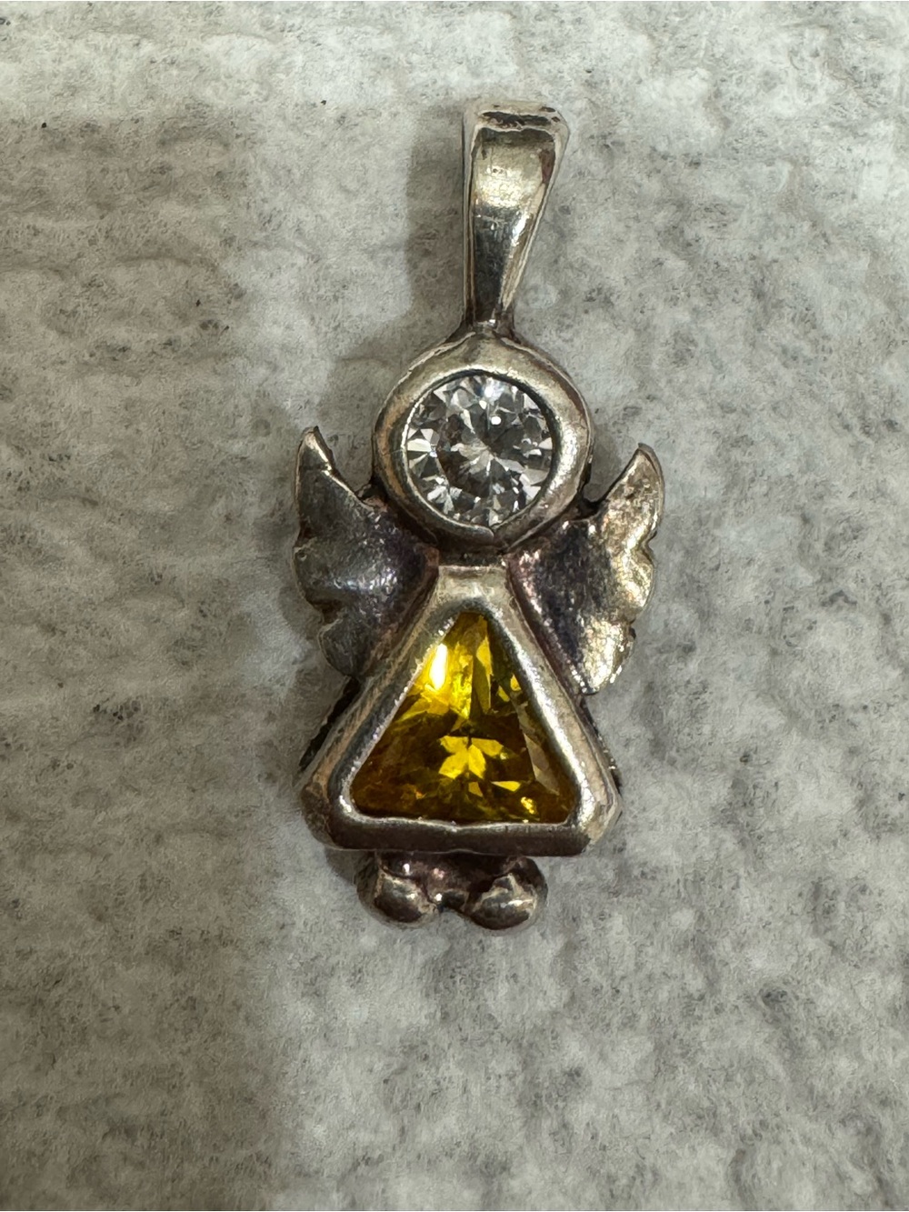 November Topaz and Clear Rhinestones Bezel Set CZ Angel Charm Pendant